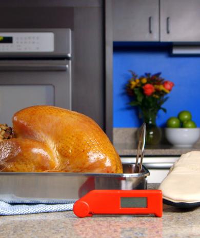 Turkey in a roasting dish next to a thermometer on a counter.